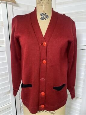 Vintage 1950s Red Dehen Letterman Wool Knit Cardigan Sweater Size Medium